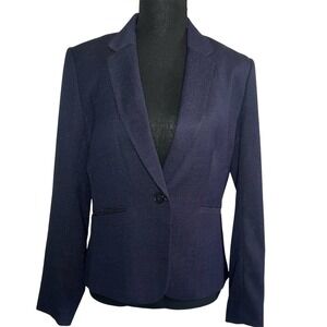 H&M Blazer Womens Navy Blue Dot Single Button Lined Suit Jacket Office Career 8